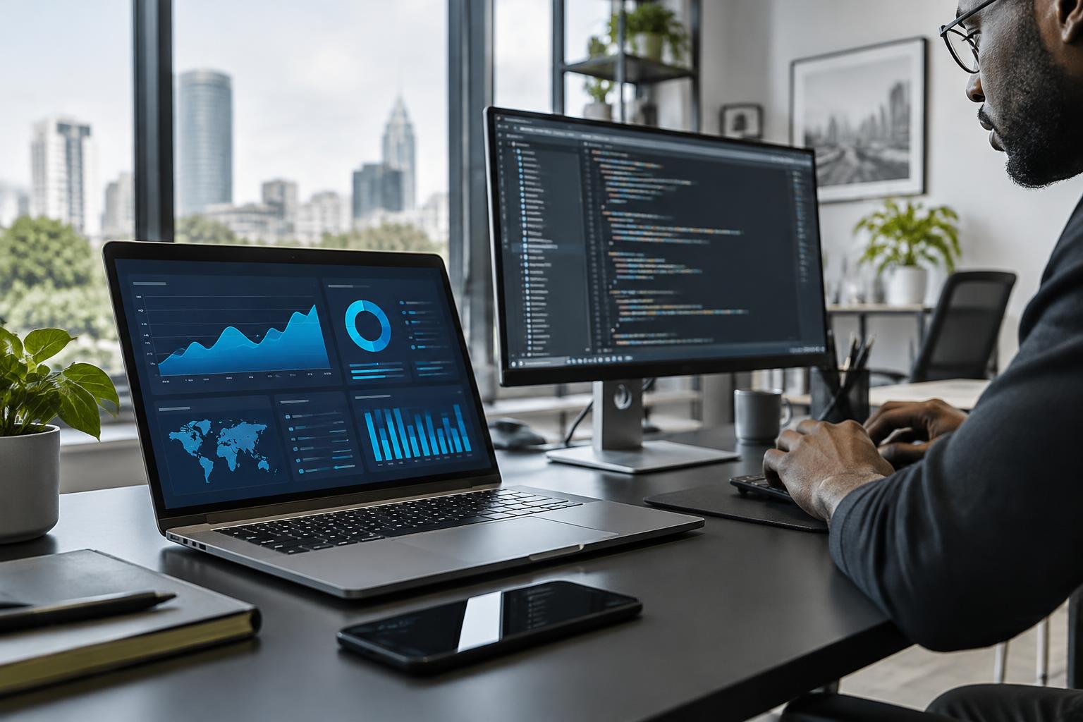Illustrative modern software workspace with connected business dashboards